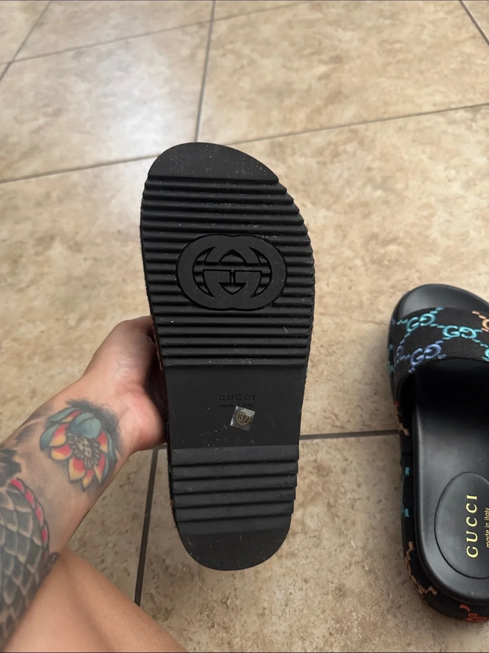 Gucci Black Slide Sandals with Multicolor GG (faux)